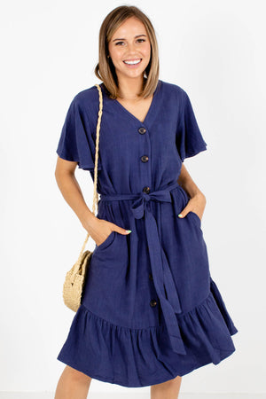 Women's Dark Blue Ruffled Hem Boutique Knee-Length Dress