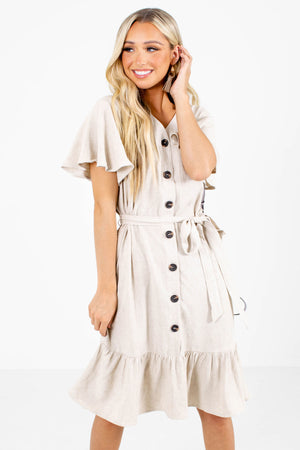 Women's Cream Ruffled Hem Boutique Knee-Length Dress