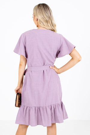 Women's Purple Waist Tie Detailed Boutique Knee-Length Dress