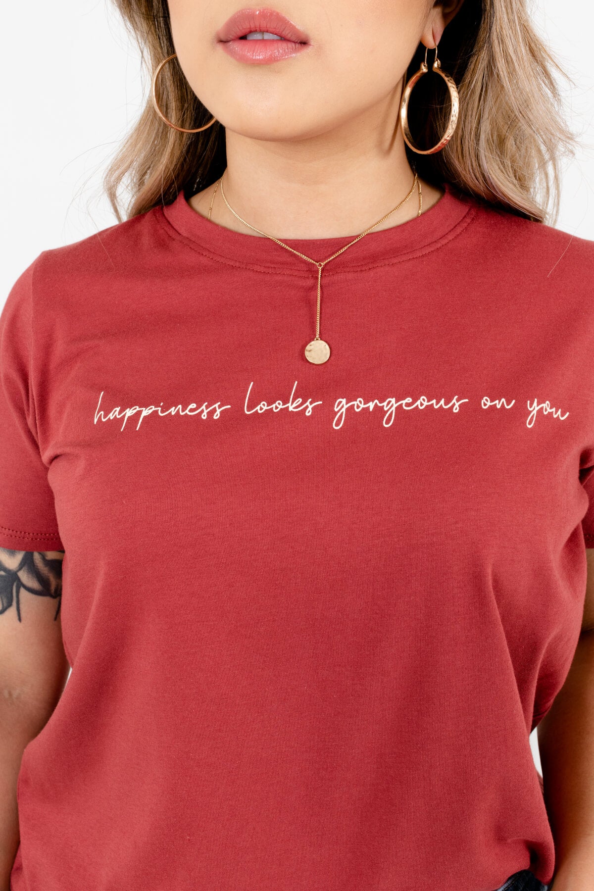 Brick Red Cursive Lettering Graphic T-Shirts for Women
