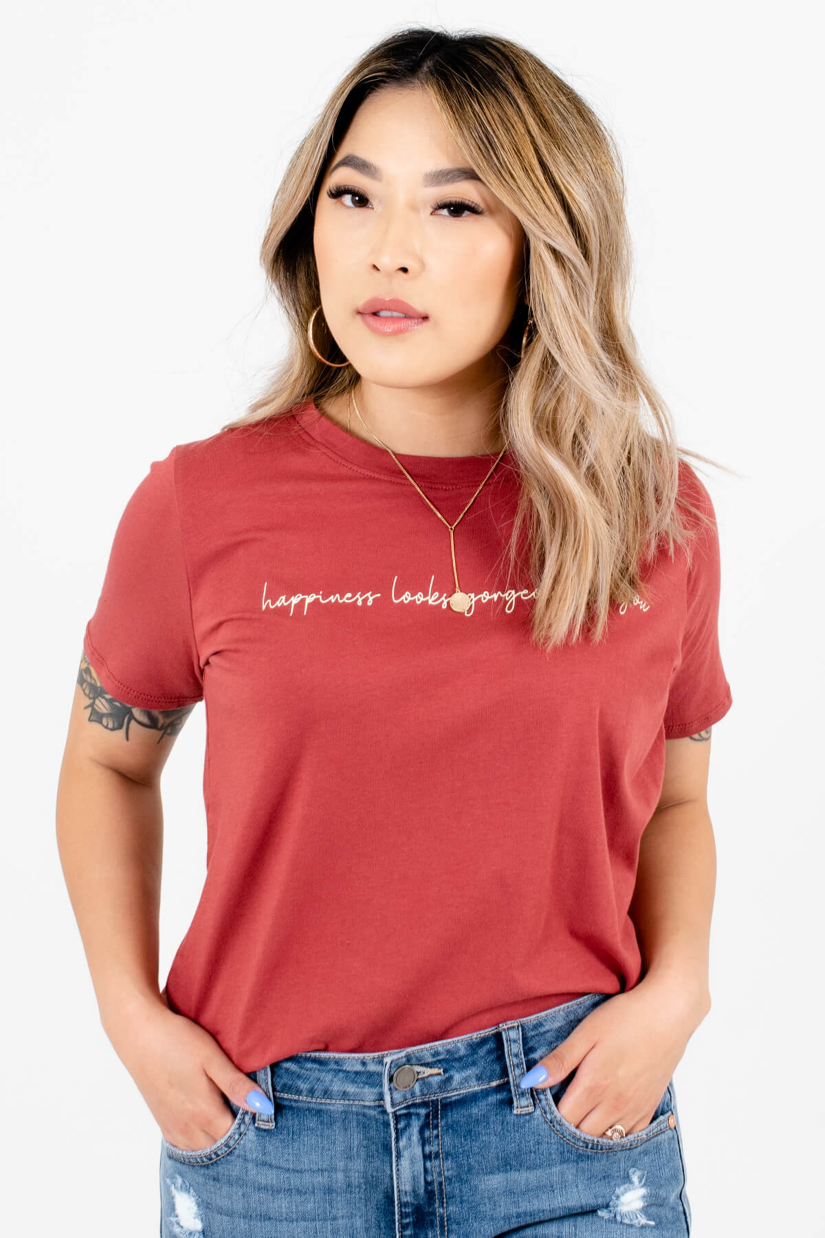 Brick Red Classic T-Shirt Fit Boutique Graphic Tees for Women