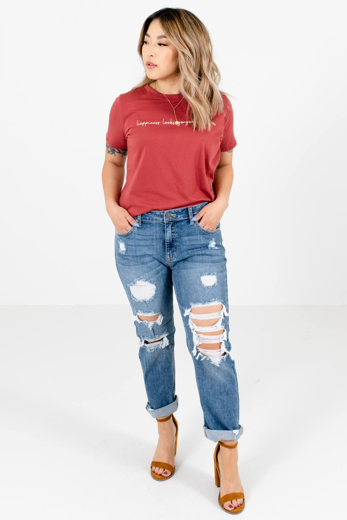 Women's Brick Red Round Neckline Boutique Graphic T-Shirt