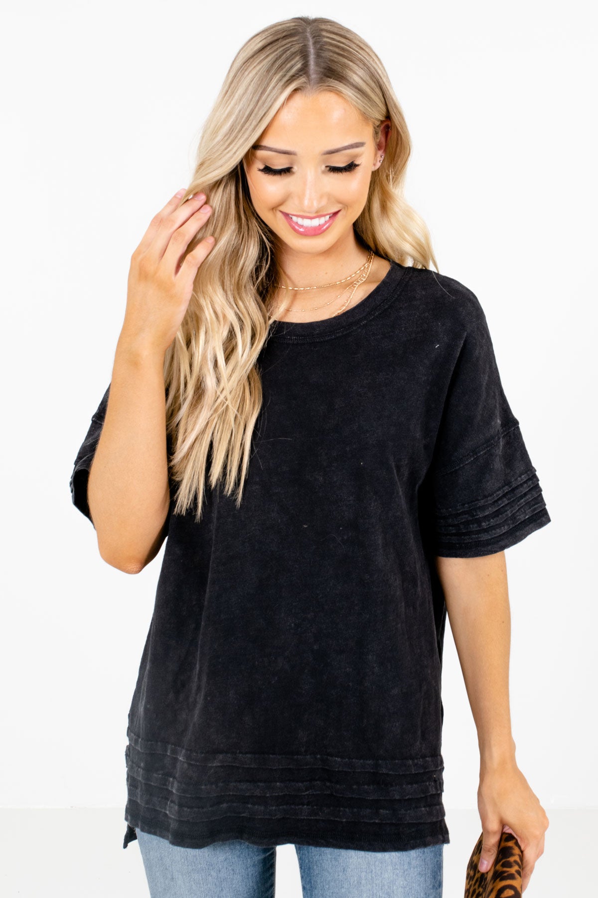 Black Pleated Detailed Boutique Tops for Women