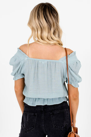 Women's Mint Blue Decorative Button Boutique Tops