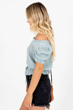 Mint Blue Puff Sleeve Boutique Tops for Women