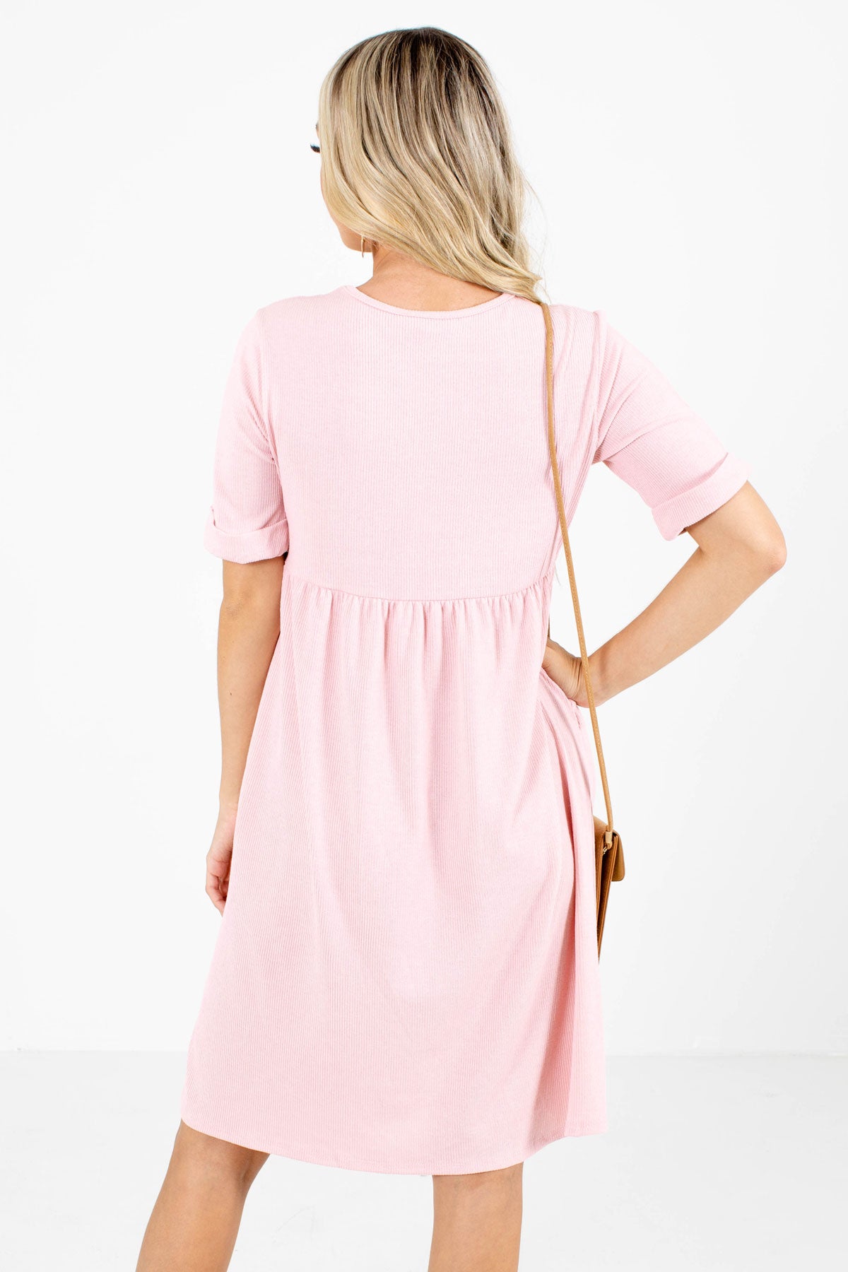 Women's Pink Cuffed Sleeve Boutique Knee-Length Dress