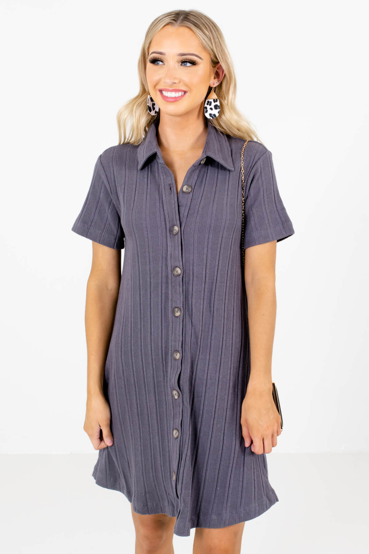 Slate Gray Button-Up Front Boutique Mini Dresses for Women