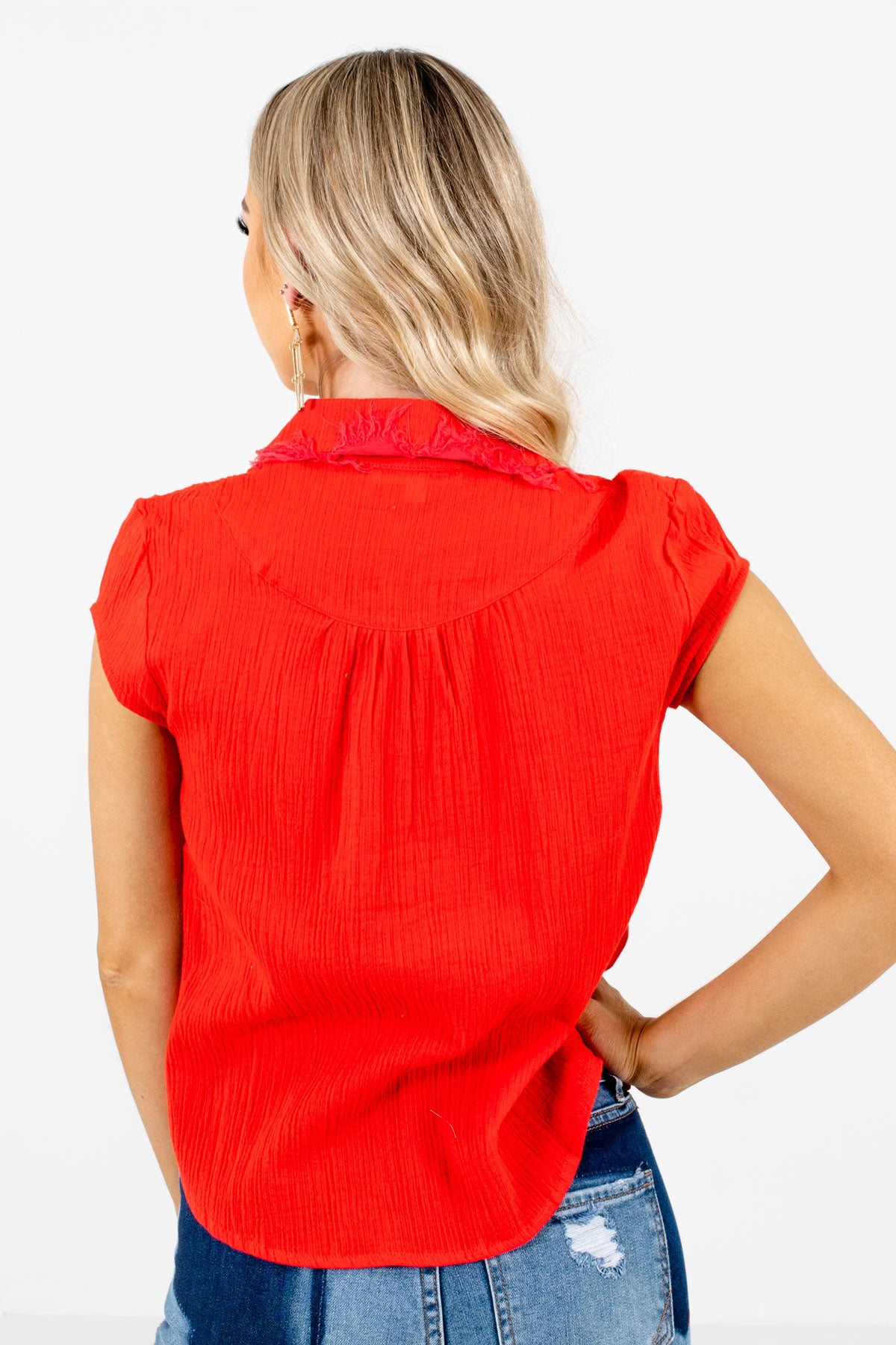 Women's Red Frayed Collar Boutique Shirt