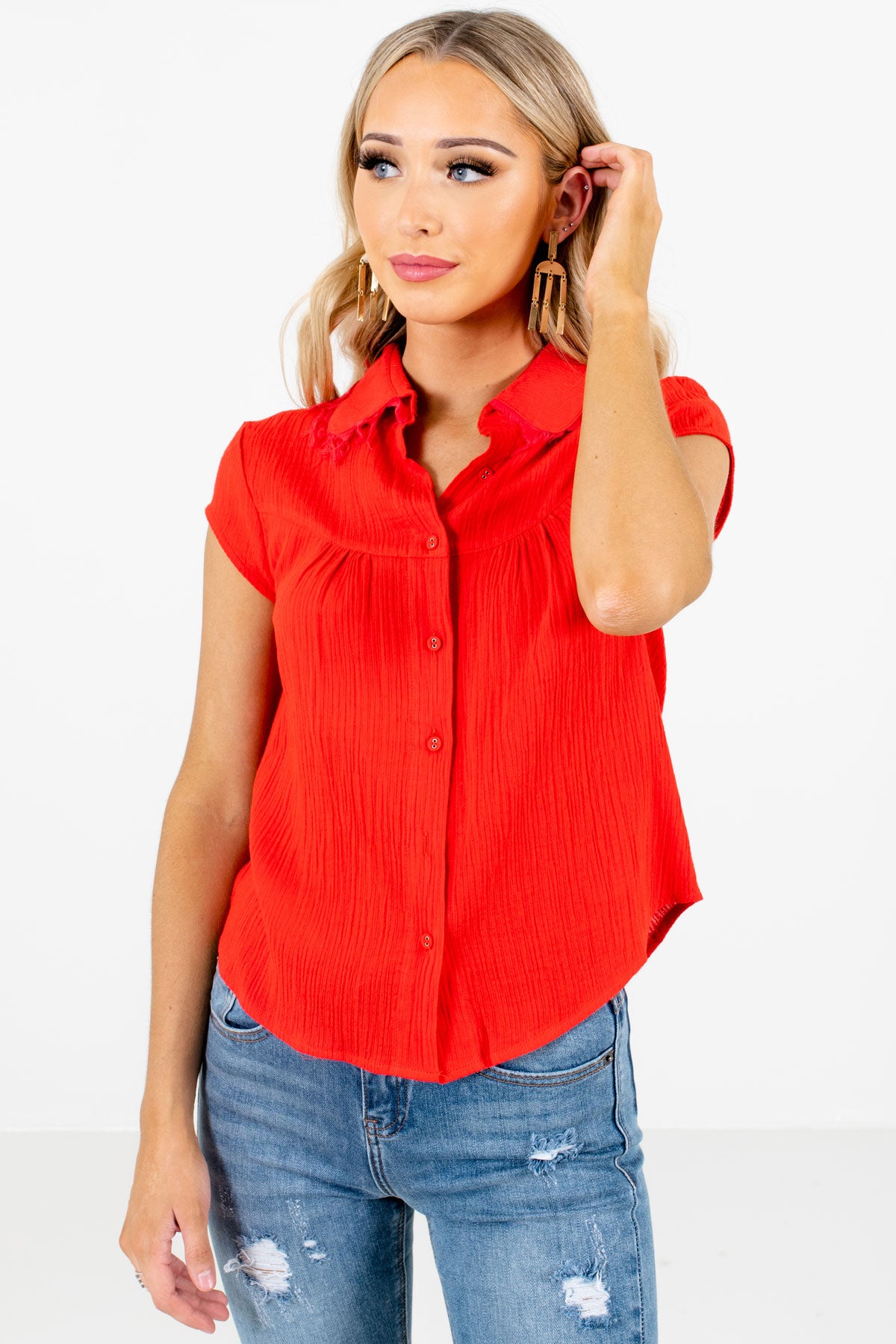 Red Button-Up Front Boutique Shirts for Women