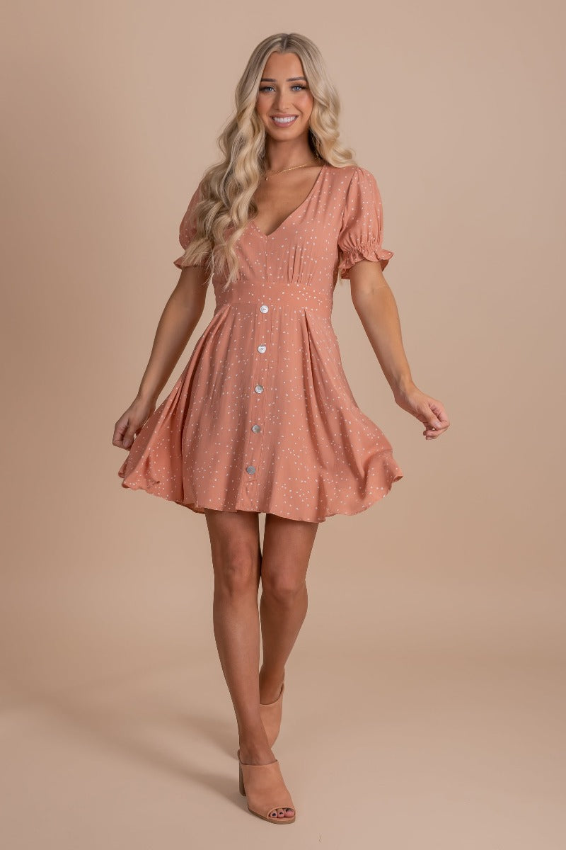 spotted heart print tie back mini dress with puff sleeves