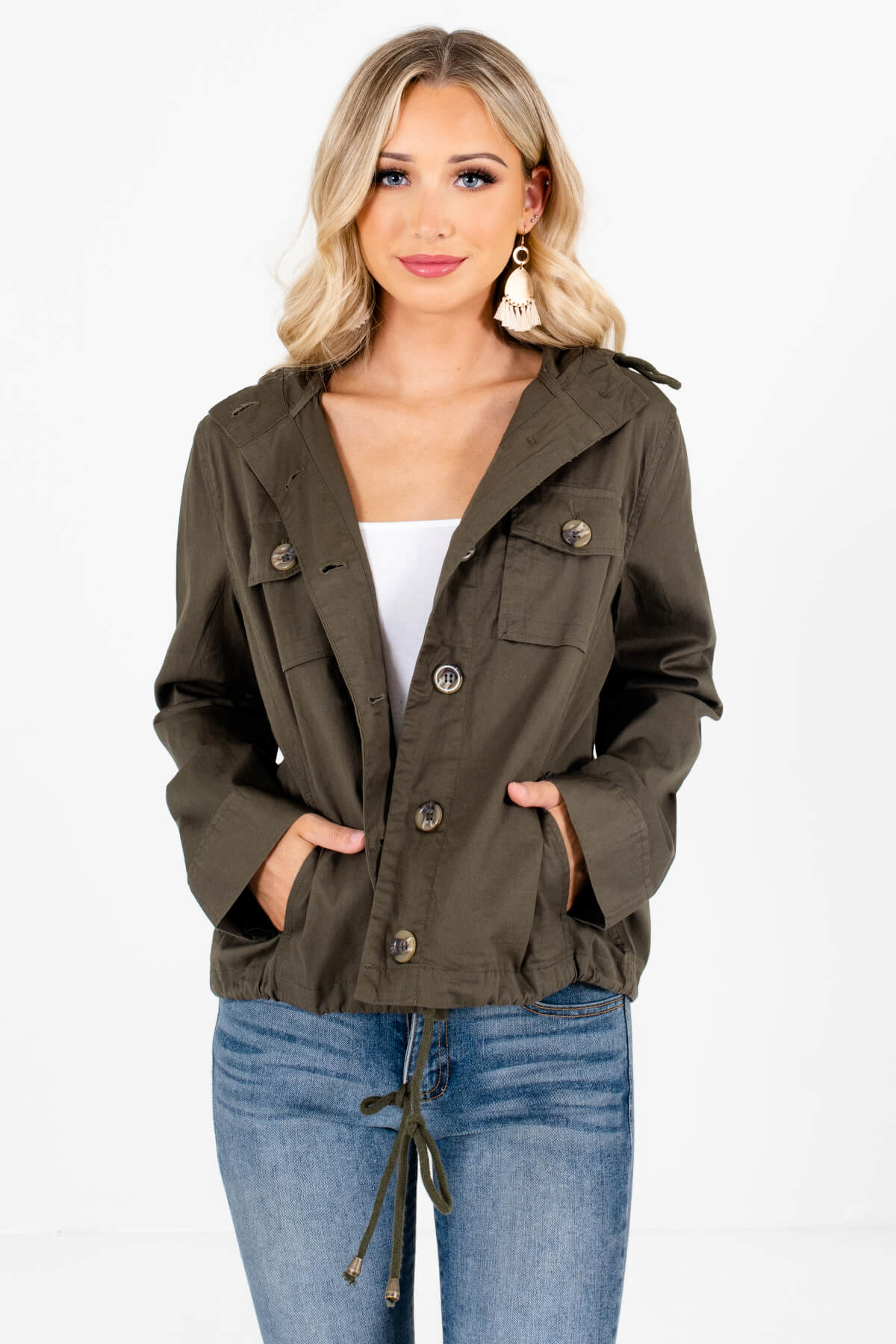 Olive Green Button-Up Front Boutique Jackets for Women