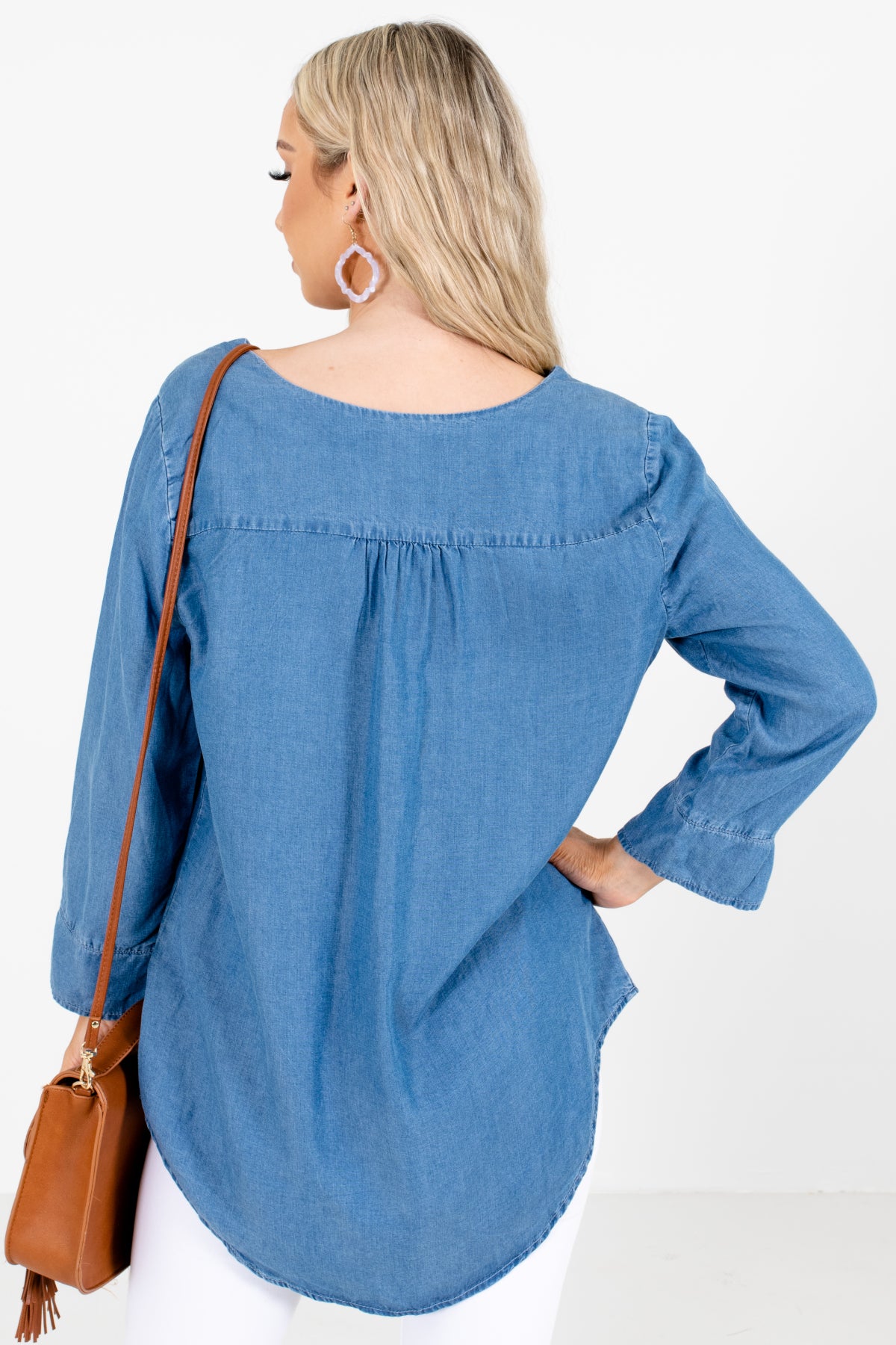 Women's Blue Front Pocket Boutique Blouse, business casual tops for women