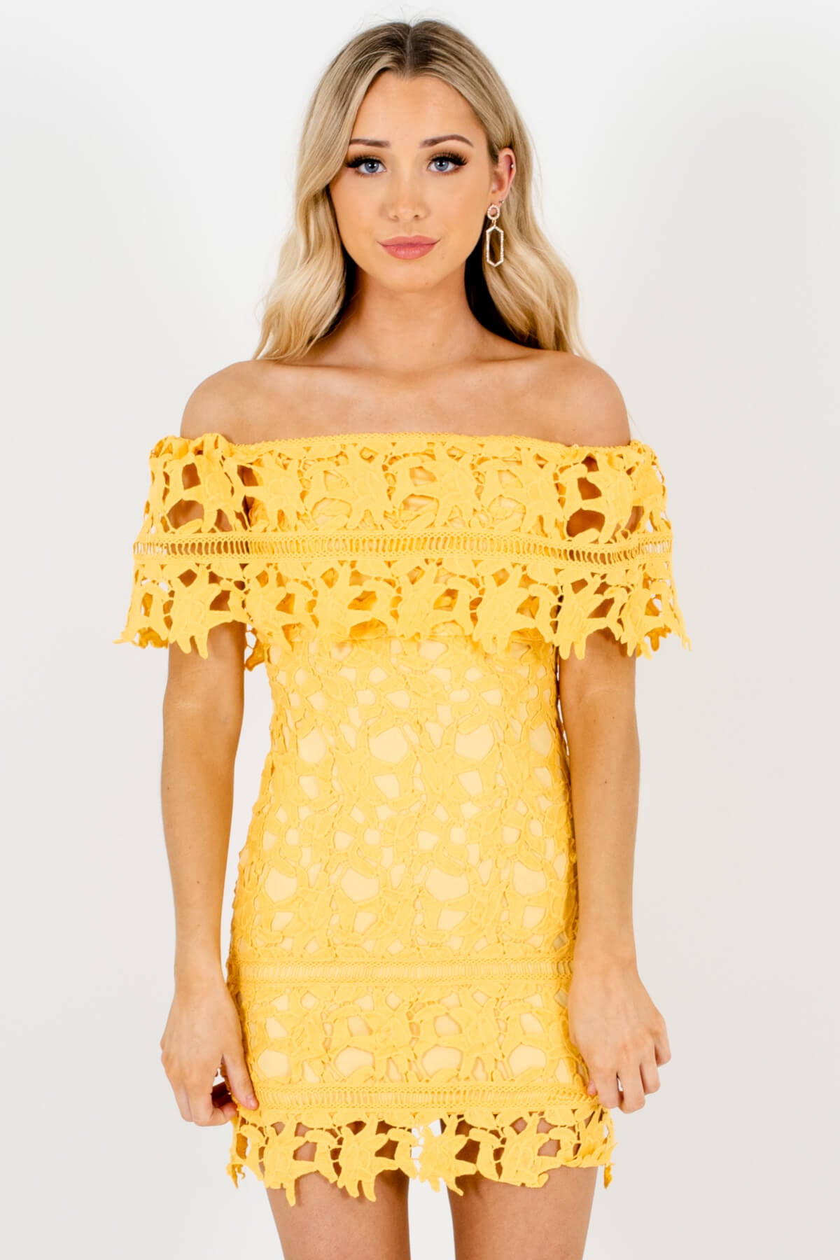 Yellow Crochet Lace Overlay Boutique Mini Dresses for Women