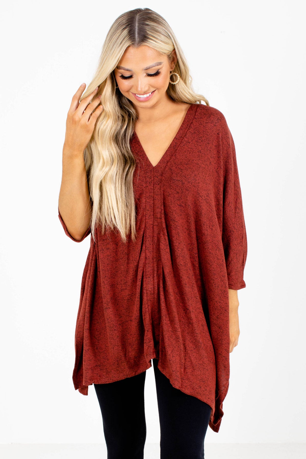 Rust Red V Neck Poncho Top For Women
