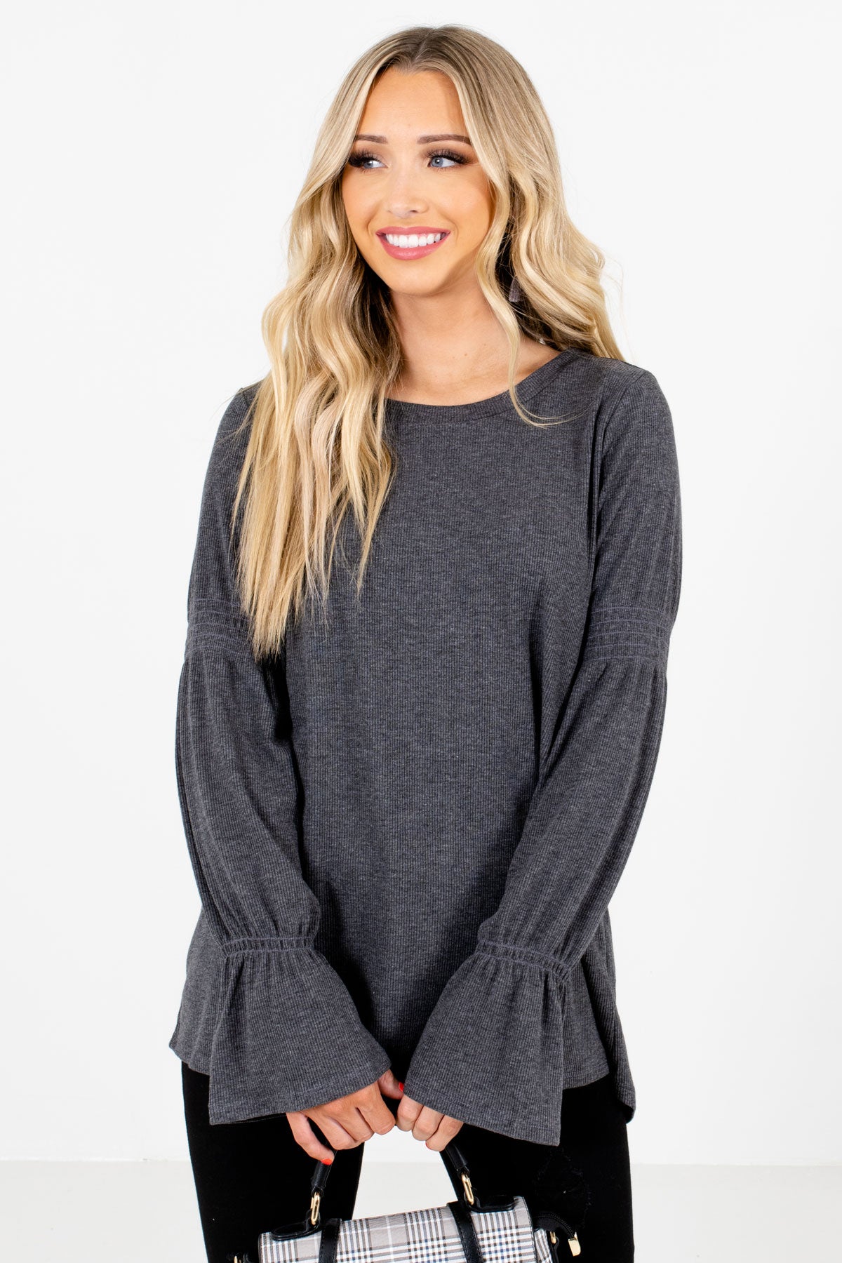 Charcoal Gray High-Quality Ribbed Material Boutique Tops
