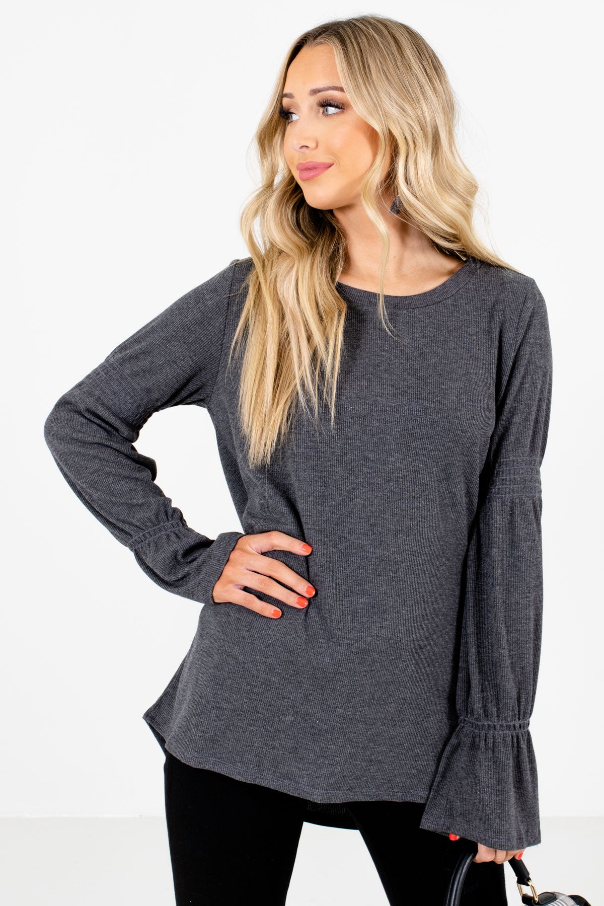 Women’s Charcoal Gray Smocked Accented Boutique Tops