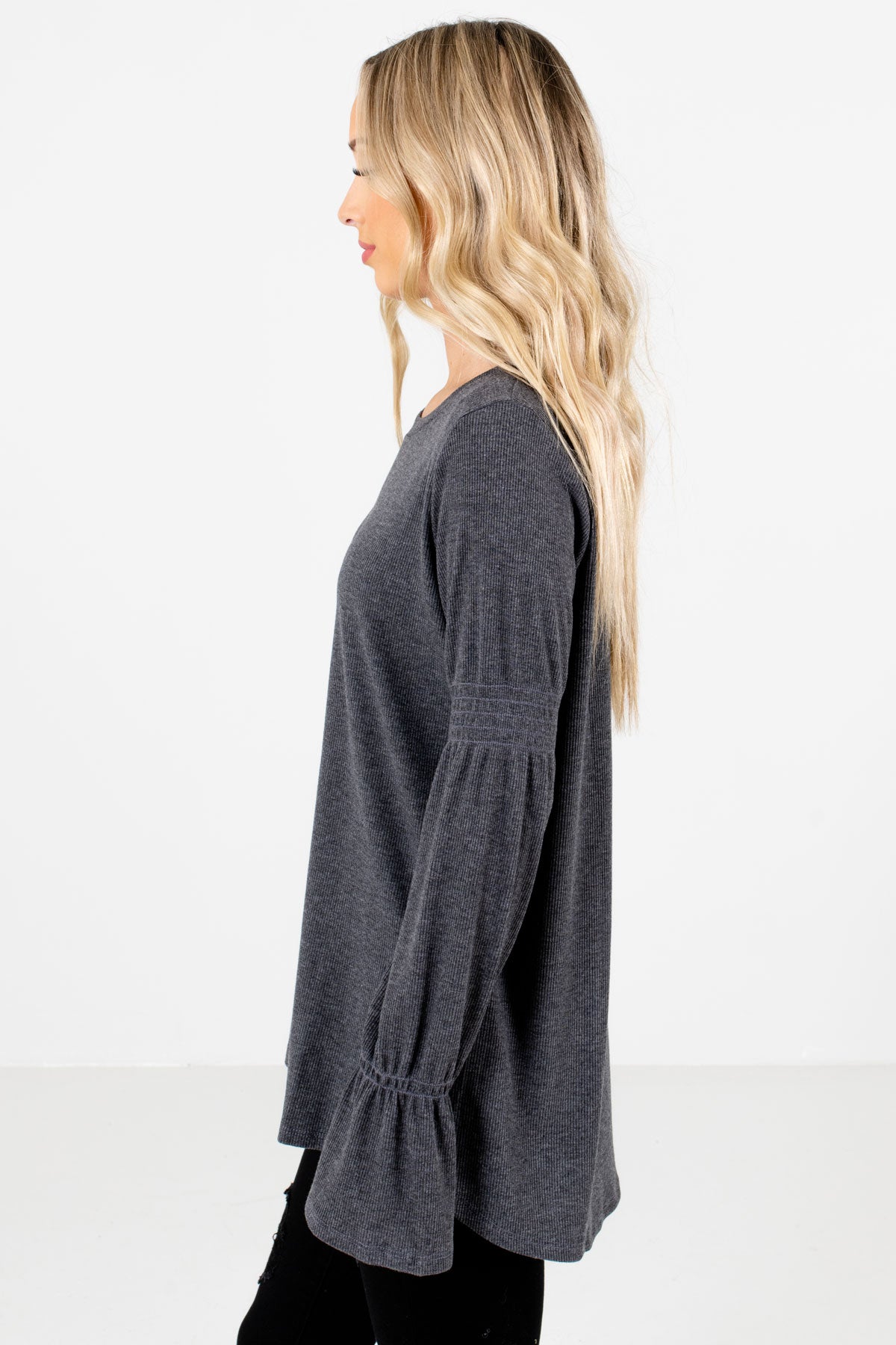 Charcoal Gray Round Neckline Boutique Tops for Women