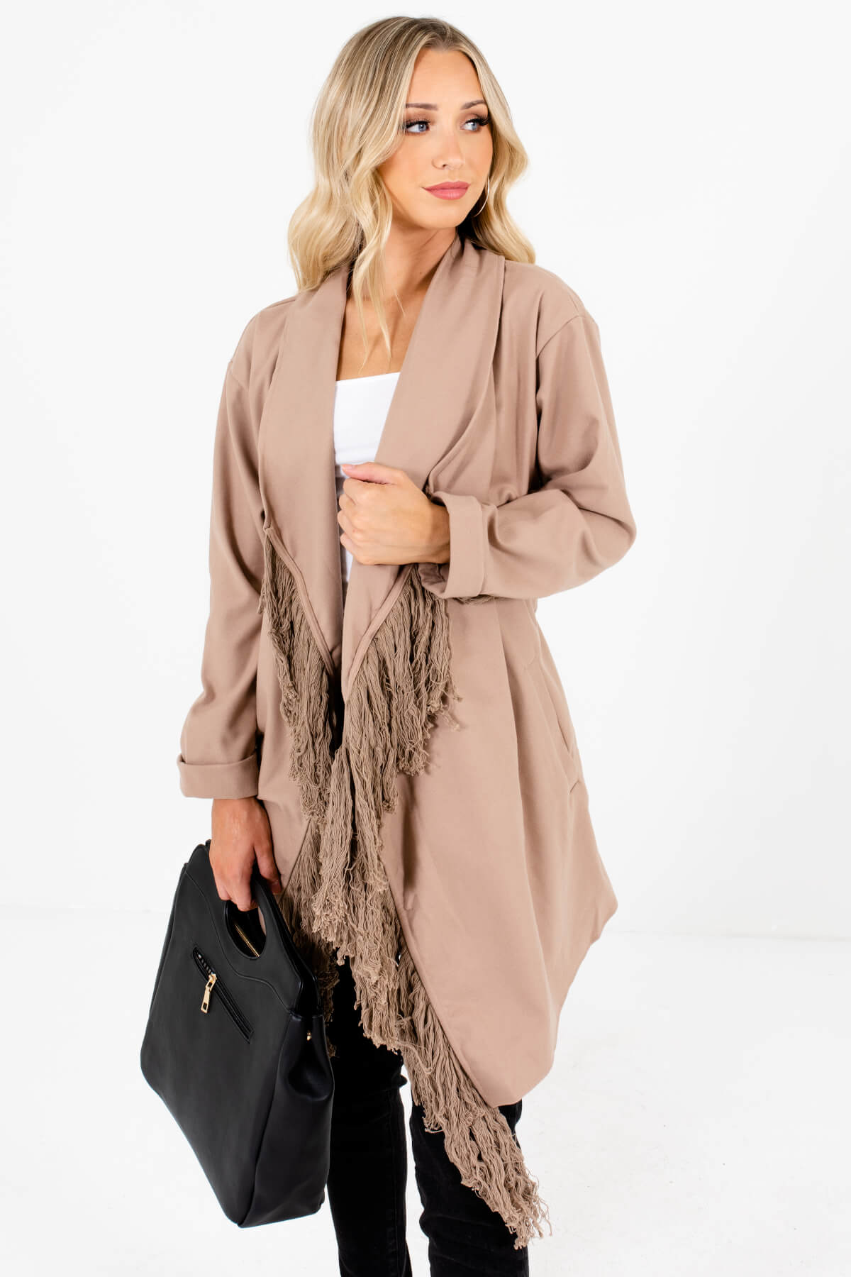 Women's Taupe Brown Boutique Coat with Pockets