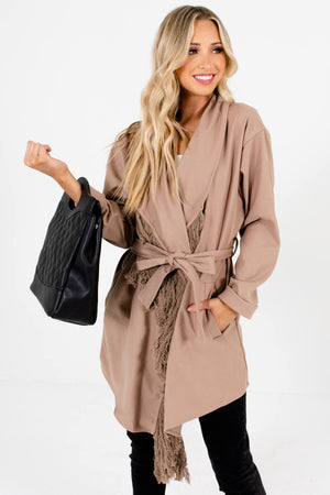 Taupe Brown Fringe Accented Boutique Coats for Women