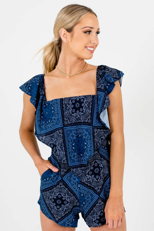 Navy Blue Paisley Off Shoulder Rompers with Structured Bodice