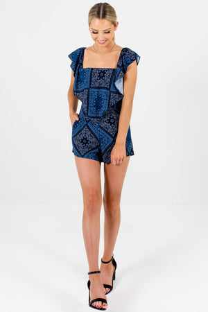 Navy Blue Bandana Paisley Print Off Shoulder Rompers Boutique