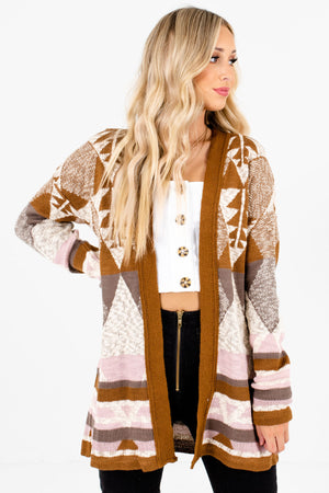 Brown Multicolored Patterned Boutique Cardigans for Women