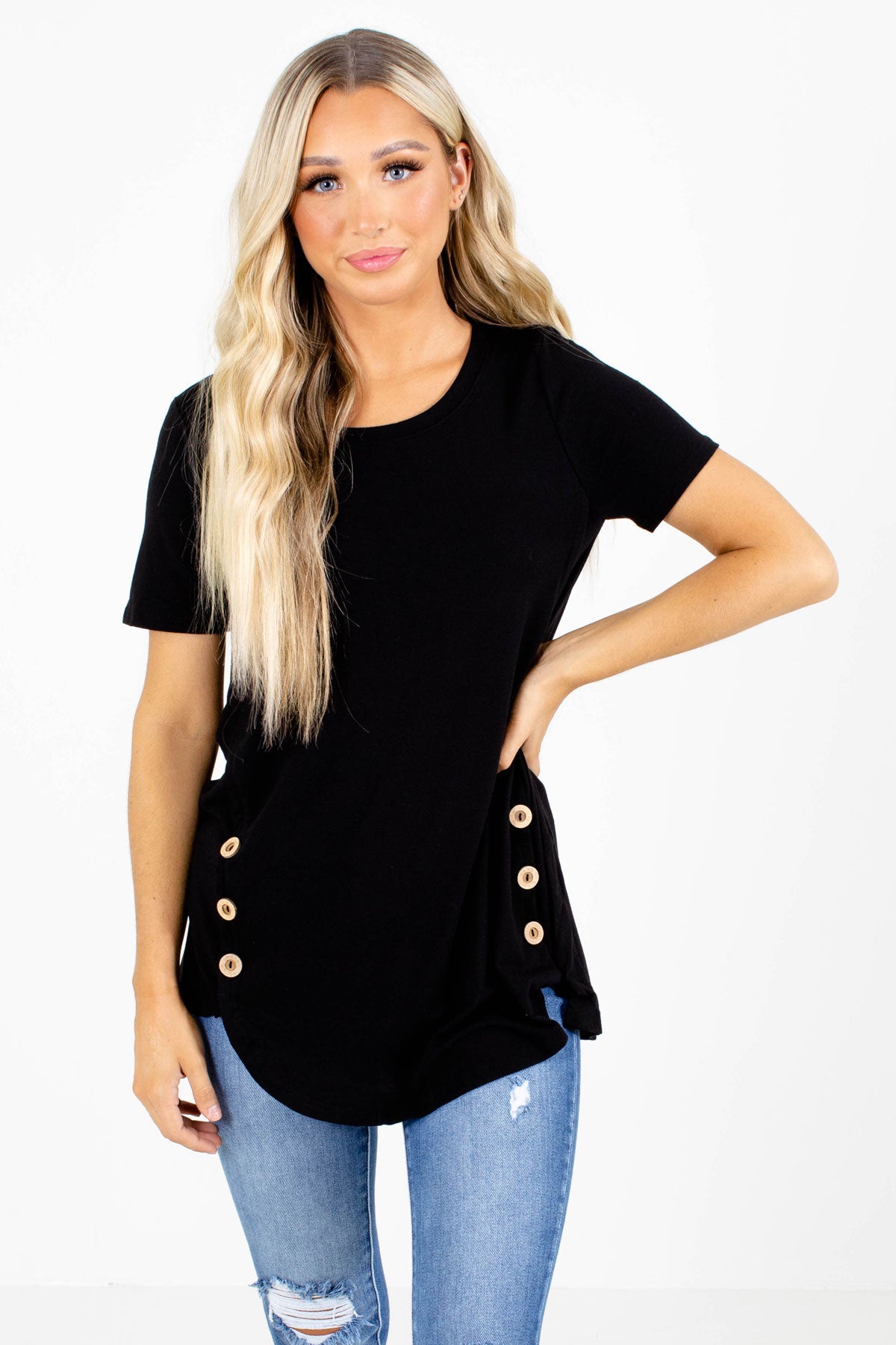 Black Short Sleeve Top with Buttons for Women