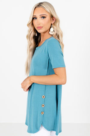 Women's Blue Top with Buttons on Side Hem 