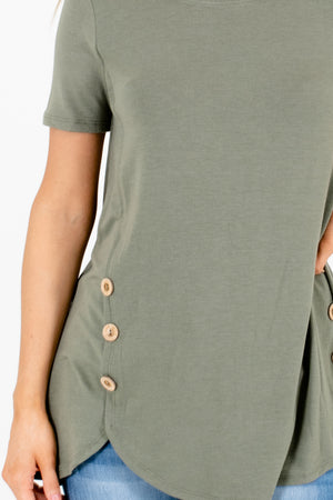 Women's Boutique Top in Green with Button Accent on Hem