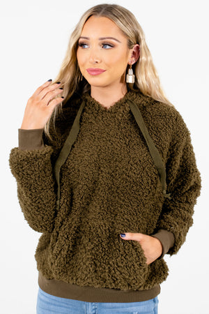 Olive Green High-Quality Faux Sherpa Material Boutique Hoodies for Women