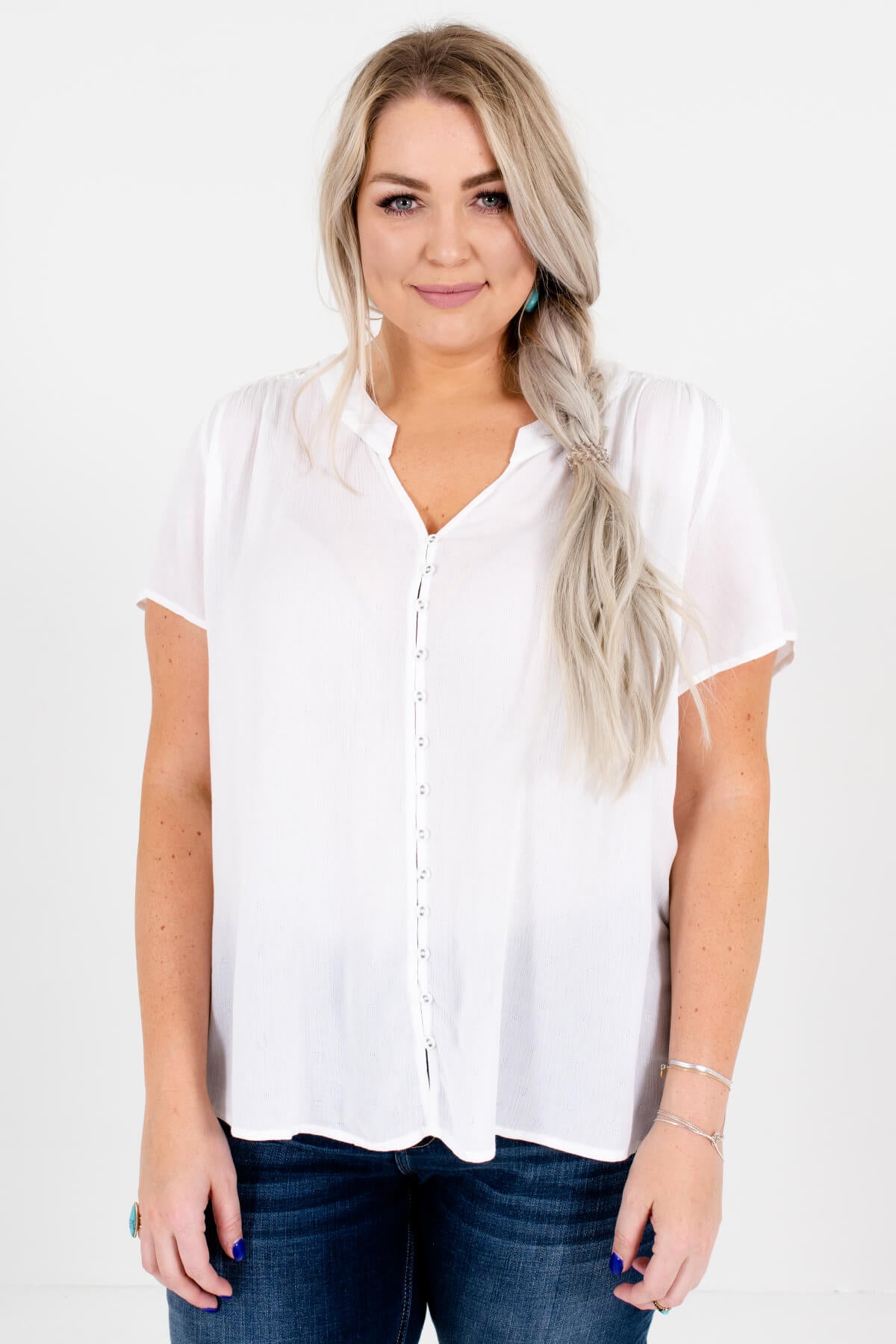 White Embroidered Lace Insert Plus Size Boutique Tops for Women