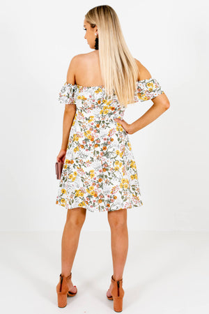 White Multicolor Floral Print Ruffle Off Shoulder Mini Dresses for Women