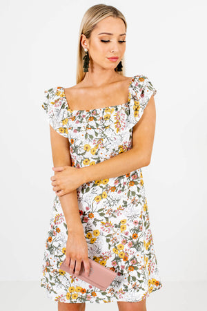 White Yellow Pink Green Floral Print Off Shoulder Mini Dresses for Women