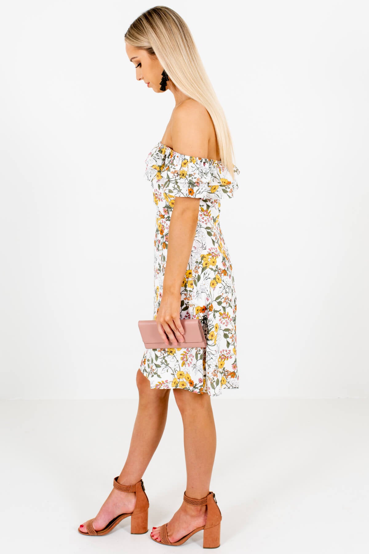 White Multi Floral Print Off Shoulder Mini Dresses Affordable Online Boutique