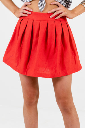 Red Pleated Detailed Boutique Mini Skirts for Women