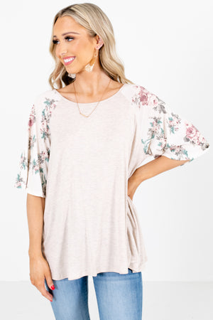 Beige and White Floral Patterned Sleeve Boutique Tops for Women