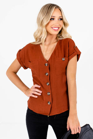Rust Orange Button-Up Front Boutique Tops for Women