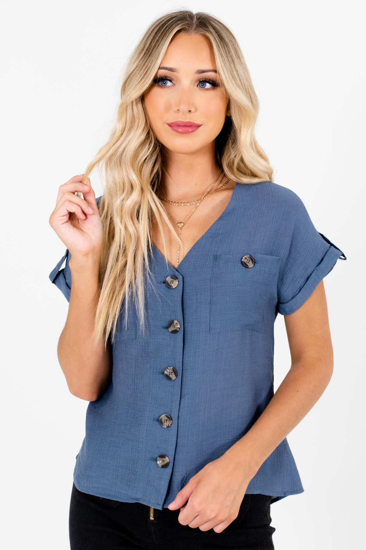 Women’s Slate Blue Cuffed Sleeve Boutique Tops