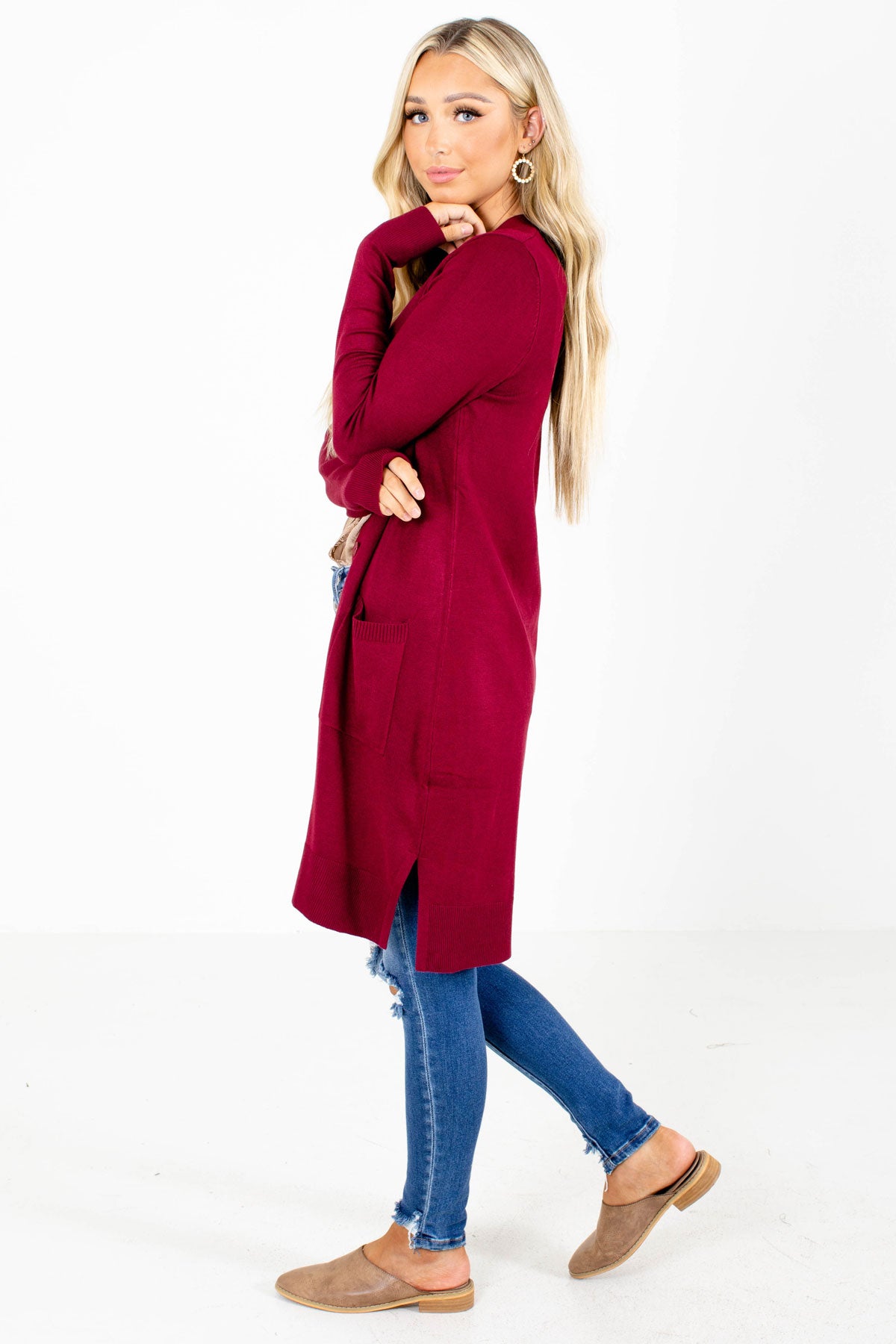 Long Cardigan with Pockets for Women in Burgundy