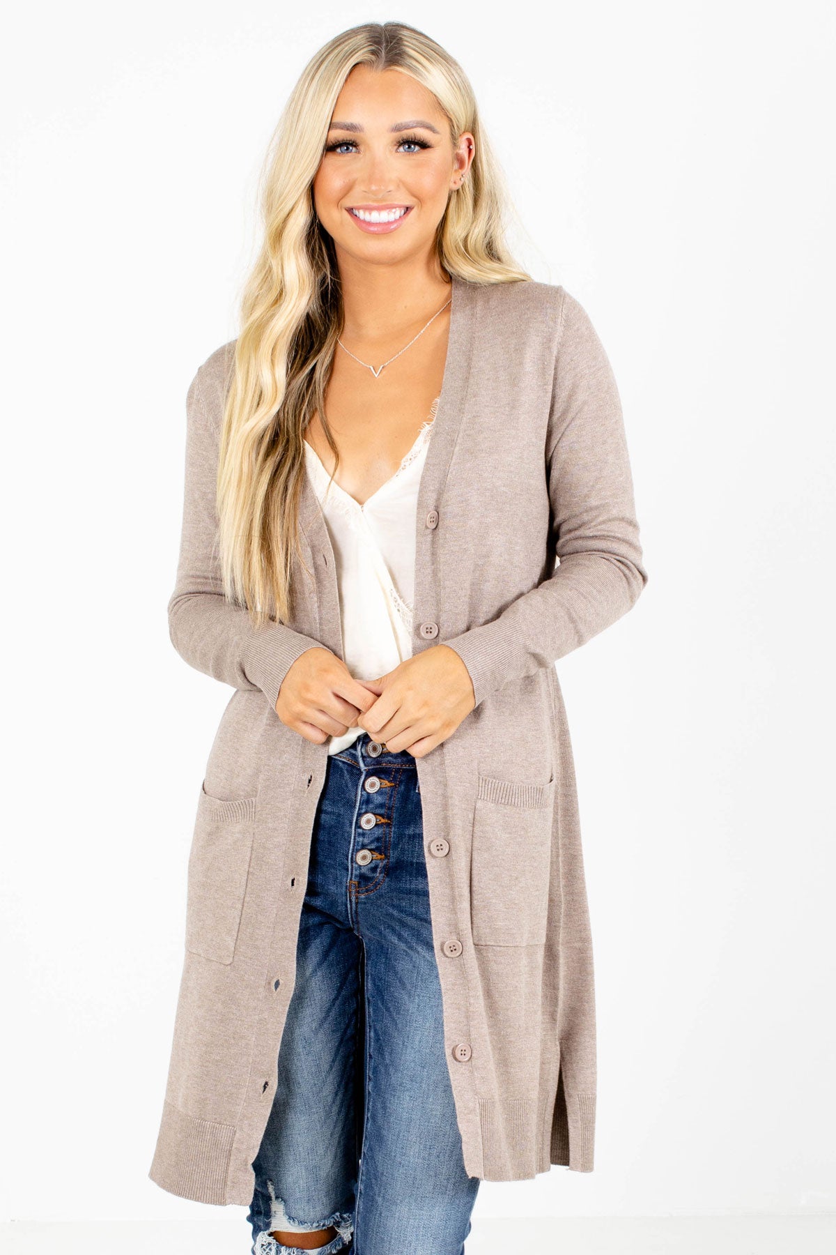 Button Cardigan with Pockets in Light Taupe Brown