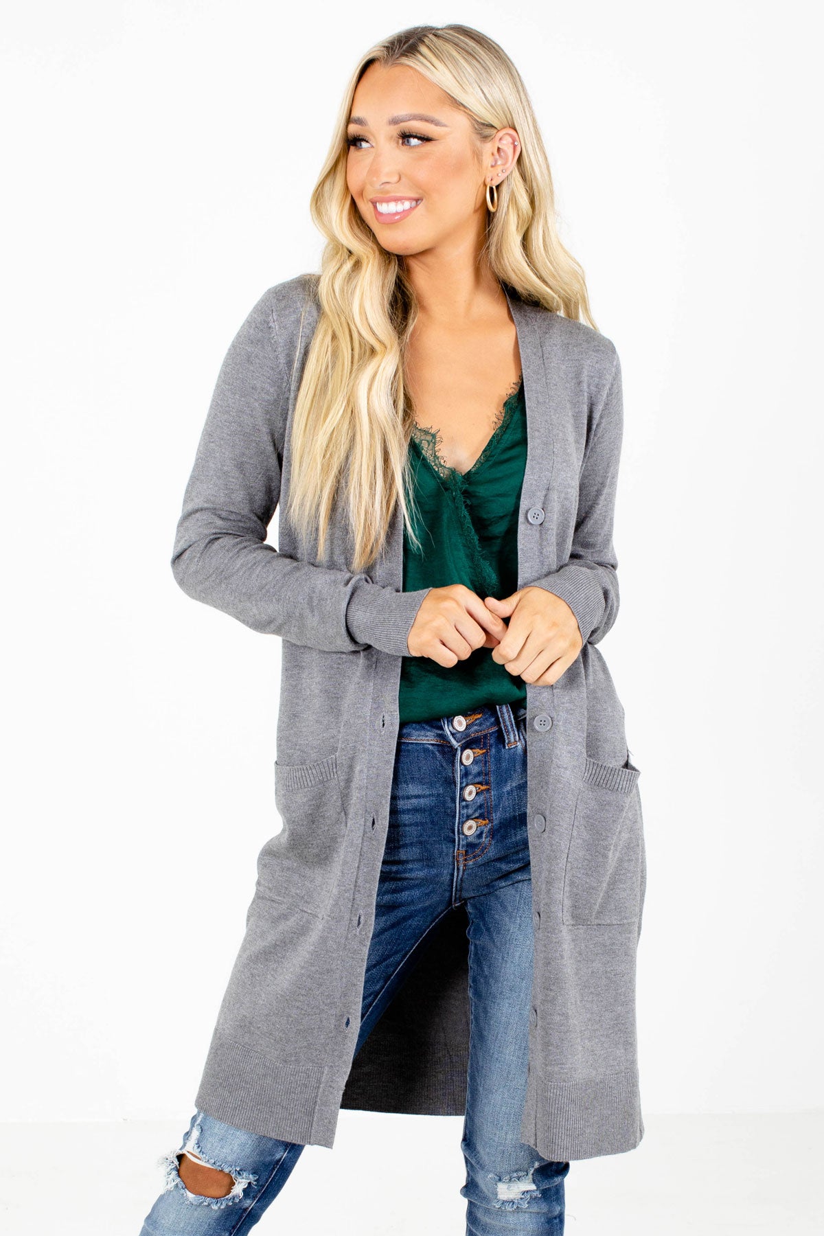 Gray Cardigan with Button Front for Women