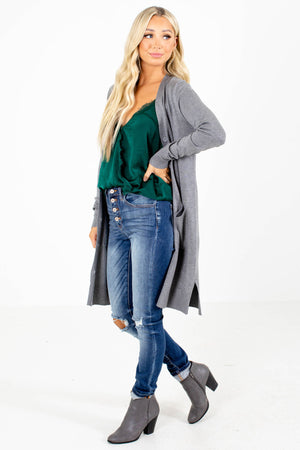 Women's Button Front Cardigan with Pockets in Gray