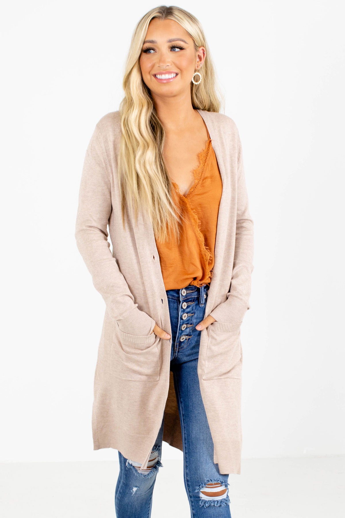 Khaki Pocket Cardigan with Button Up Front