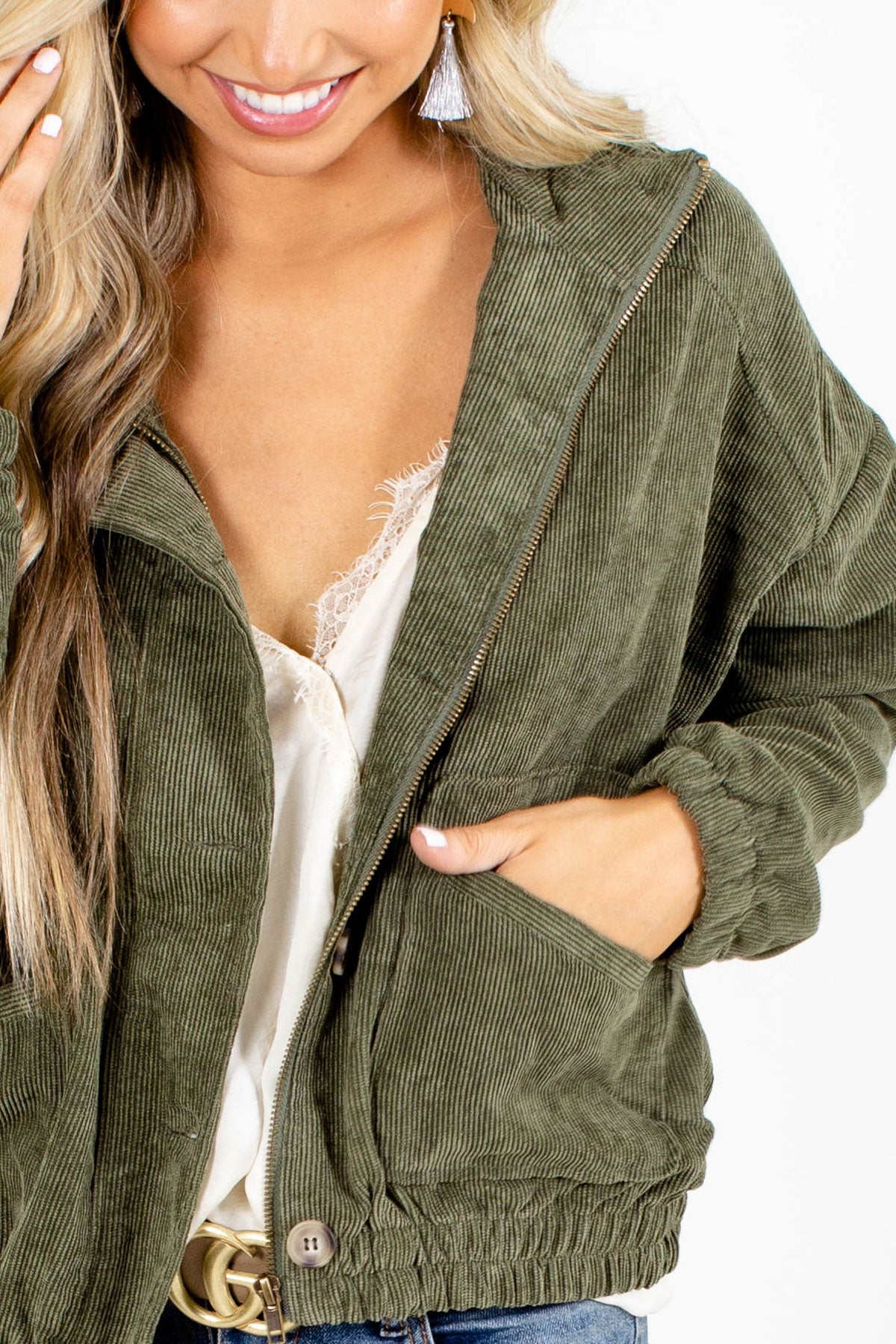 Ribbed Olive Green Boutique Jacket for Women