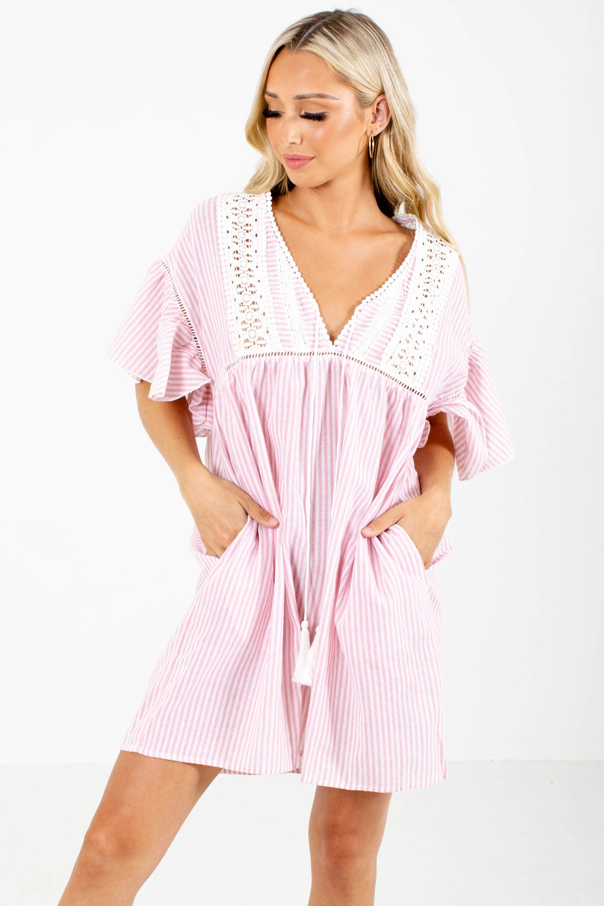 Pink Striped Mini Dress with Crochet Bodice