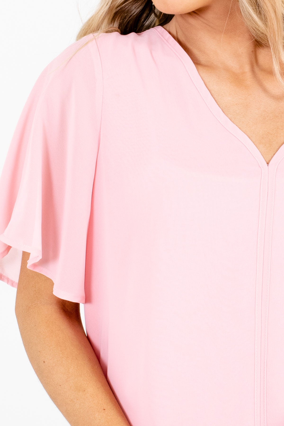 Women's Flutter Sleeve Pink Blouse with V Neck