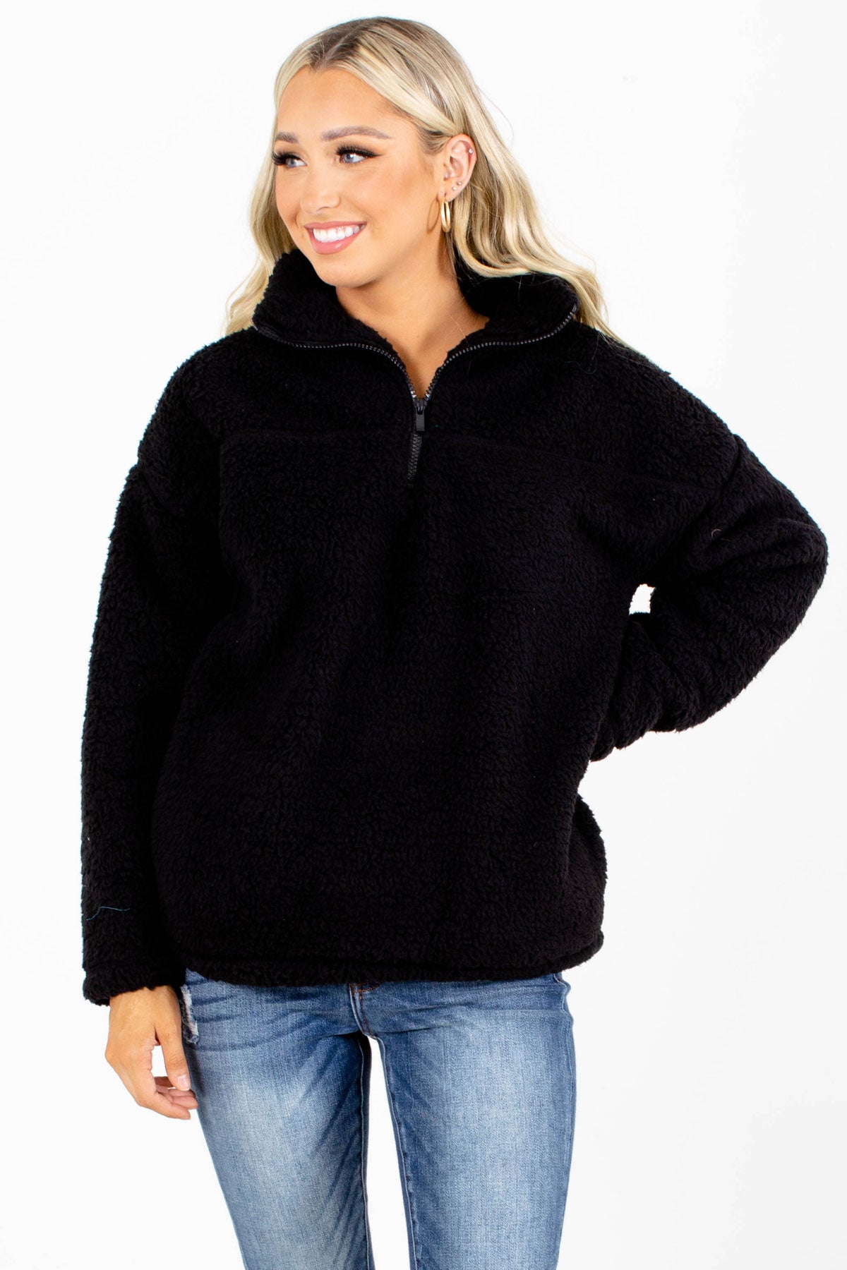 Black Cute and Comfortable Boutique Sherpa Pullovers for Women