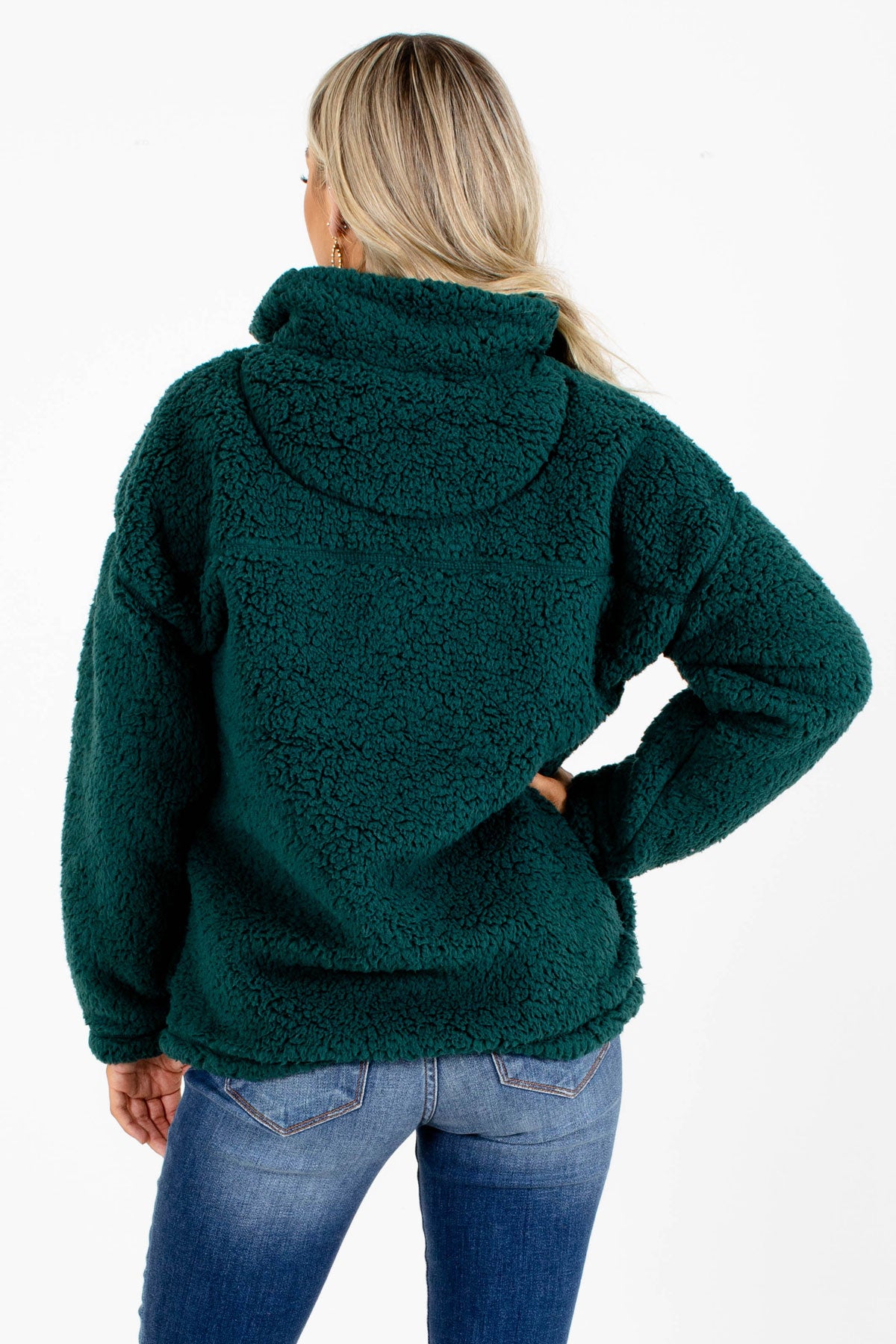 Women's Green Faux Sherpa Material Boutique Pullover