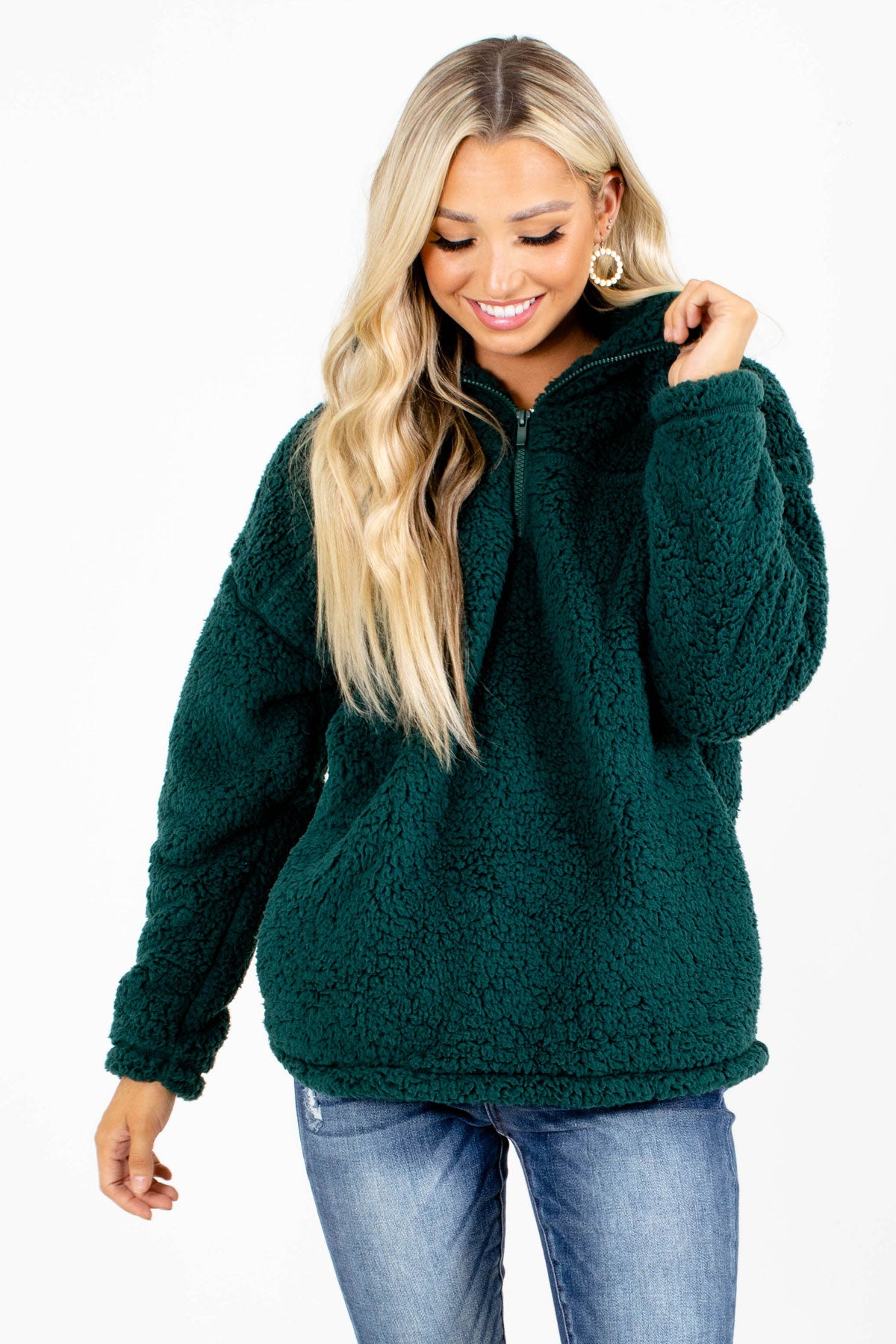 Dark Green Zip-Up Neckline Boutique Pullovers for Women