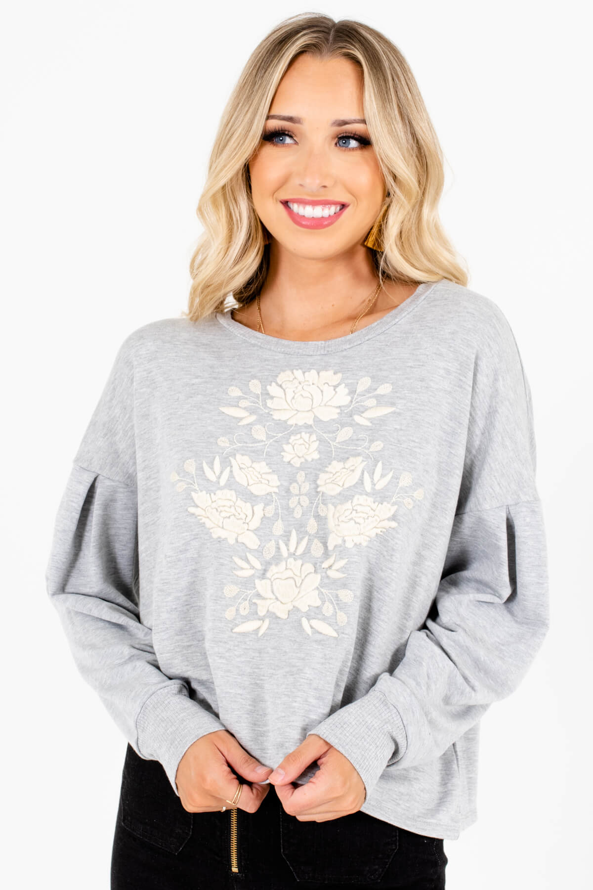 Heather Gray Floral Embroidered Boutique Pullovers for Women